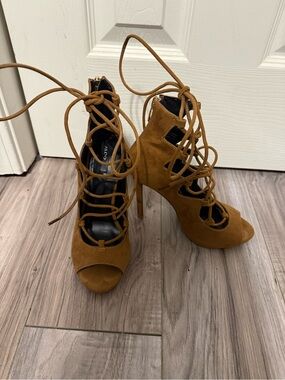 ALDO Tan Lace-Up Suede Peep-Toe Stiletto Heels